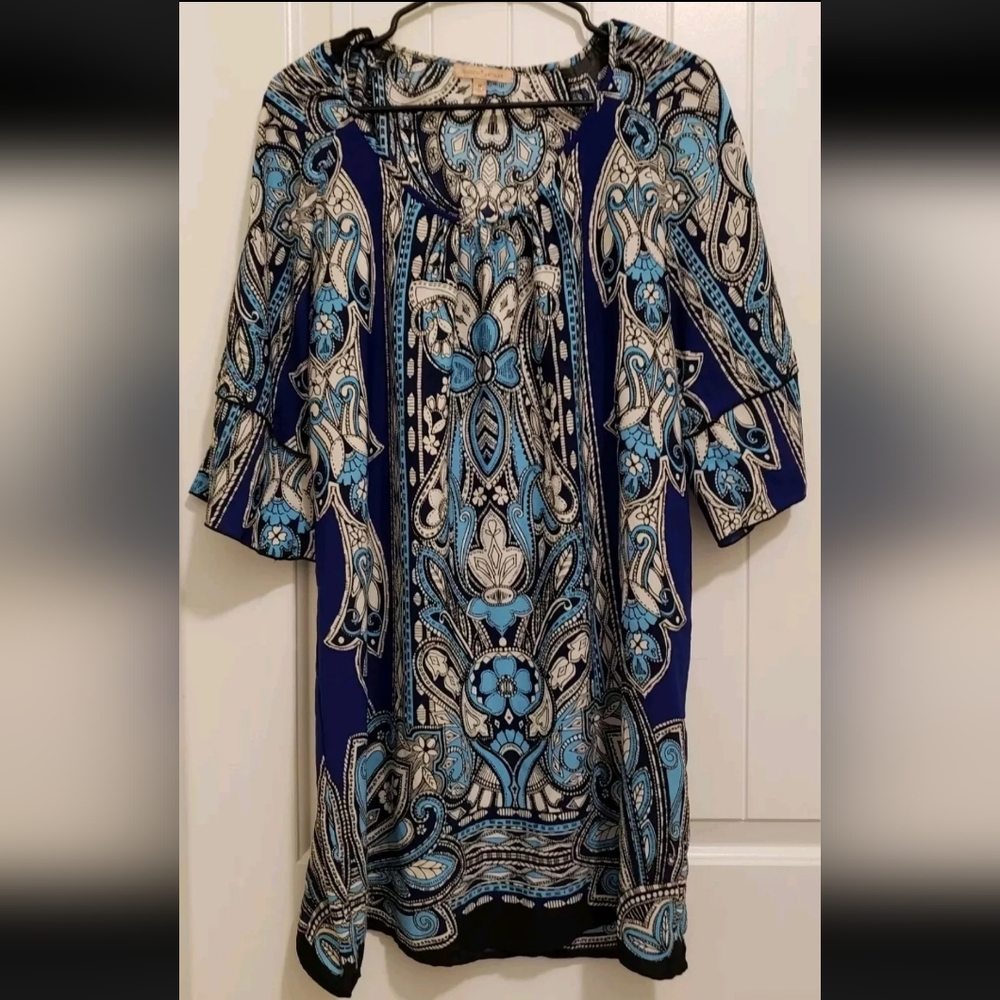 Gibson Latimer Top Womens Size M Blue With Cold Shoulder Sleeves Geometric